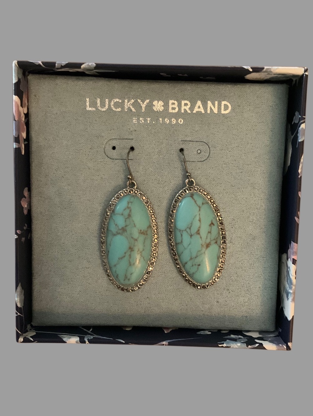 Lucky Brand Turquoise Marbled Oval Drop Earrings with Silver Trim